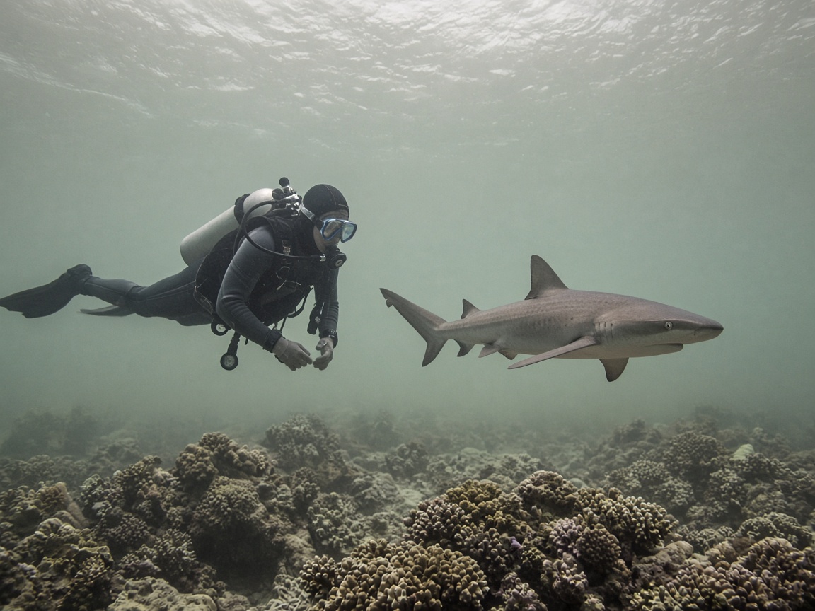 A scuba diver swimming peacefully and respectfully alongside a small reef shark in neutral-toned water