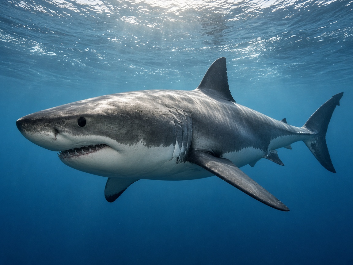 A large Great White Shark cruising calmly near the ocean surface in clear water