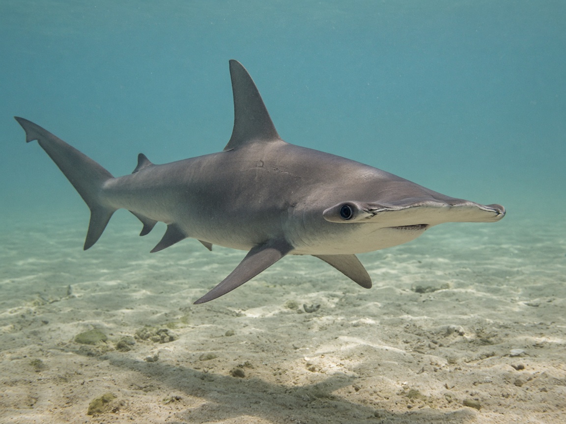 A Hammerhead Shark gliding smoothly over a neutral sandy ocean floor