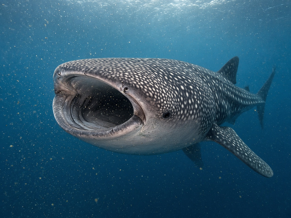 A massive Whale Shark swimming slowly with its mouth open, filtering plankton